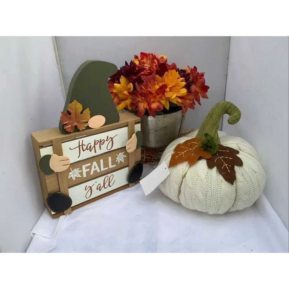 🍁 Fall Harvest Décor 2 Piece Bundle Knit Pumpkin & Happy Fall Y’all Gnome Sign